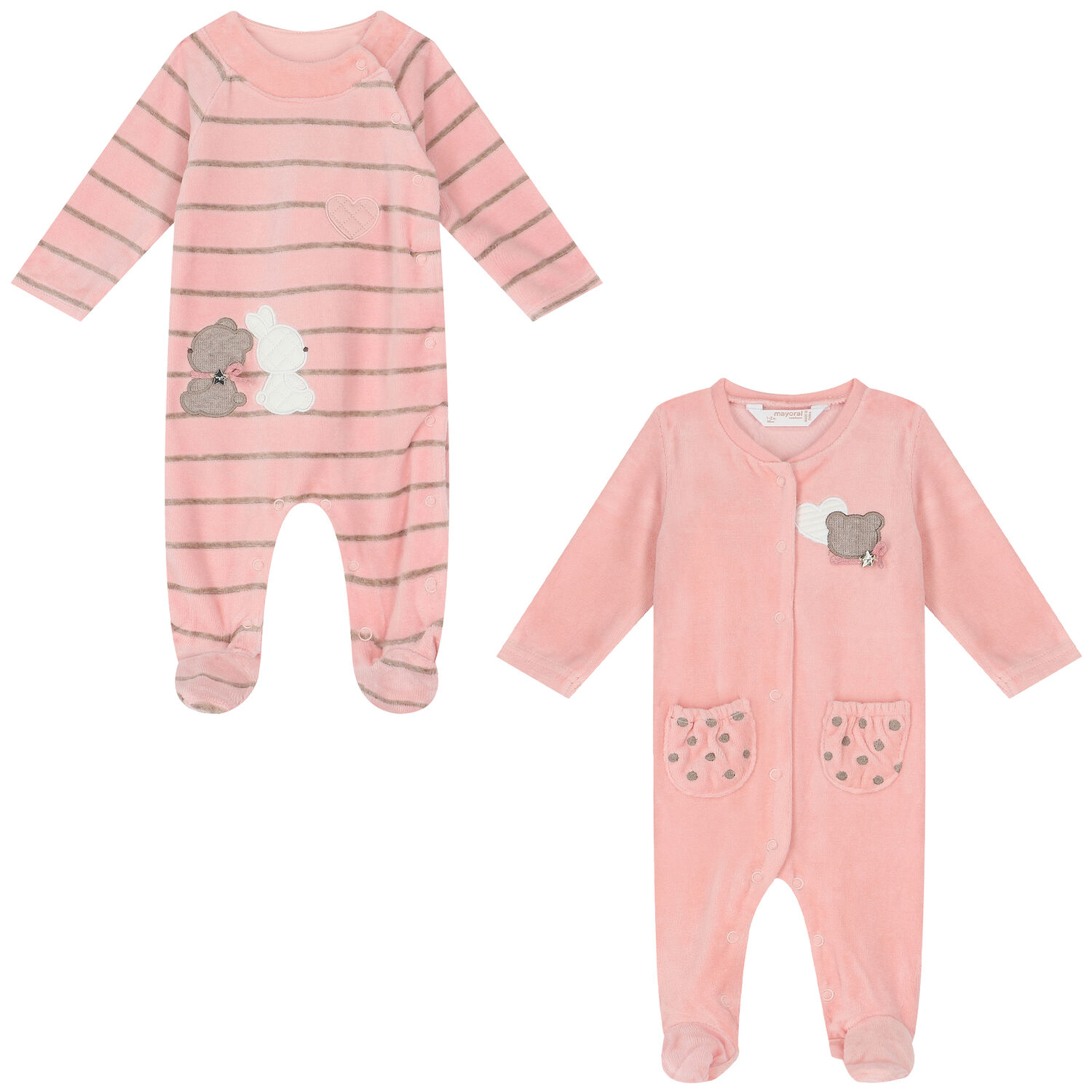 Baby Girls Pink Velour Babygrows (2 Pack), 1, hi-res